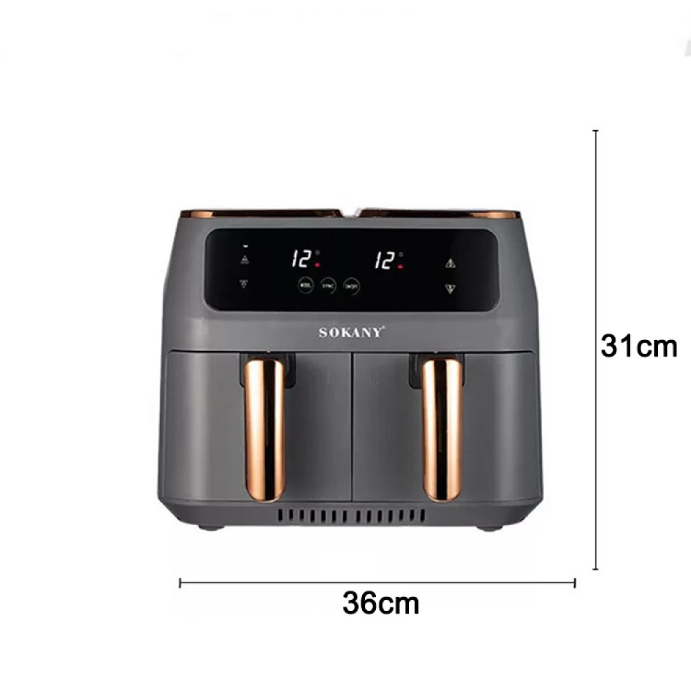 Friteuza fara ulei, Sokany SK-8030, 2 sertare de gatit, 2800W, 8L, Control Temperatura, Gri/Auriu