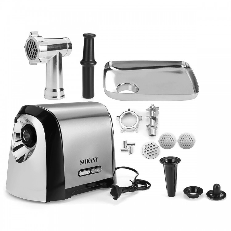 Masina de tocat Sokany SK-088, 2500W, Accesoriu carnati, 3 site, Cutit Inox, Functie Reverse, Negru/Inox