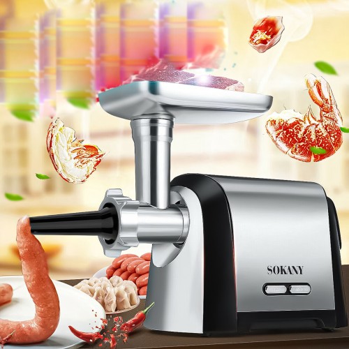 Masina de tocat Sokany SK-088, 2500W, Accesoriu carnati, 3 site, Cutit Inox, Functie Reverse, Negru/Inox