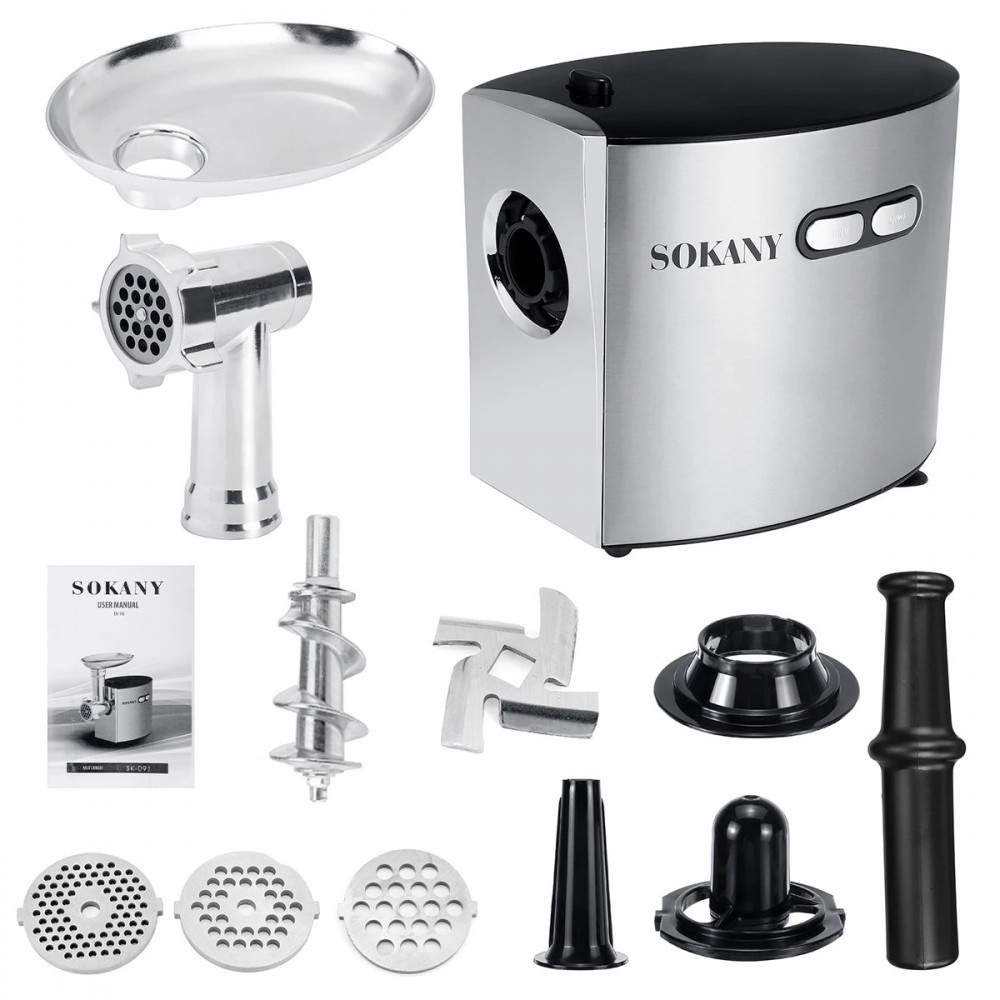 Masina de tocat Sokany SK-091, 2500W, Accesoriu carnati, 3 site, Cutit Inox, Functie Reverse, Negru/Inox