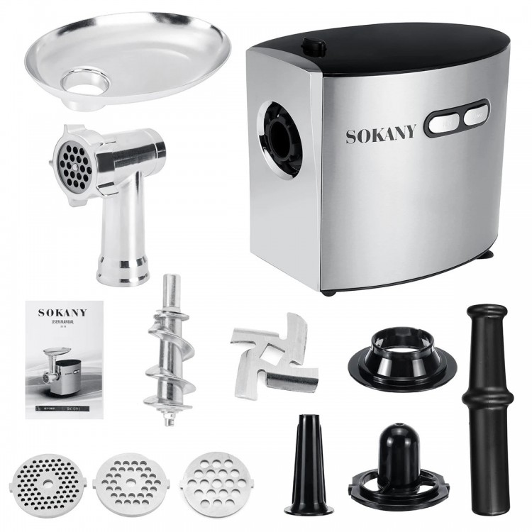 Masina de tocat Sokany SK-091, 2500W, Accesoriu carnati, 3 site, Cutit Inox, Functie Reverse, Negru/Inox