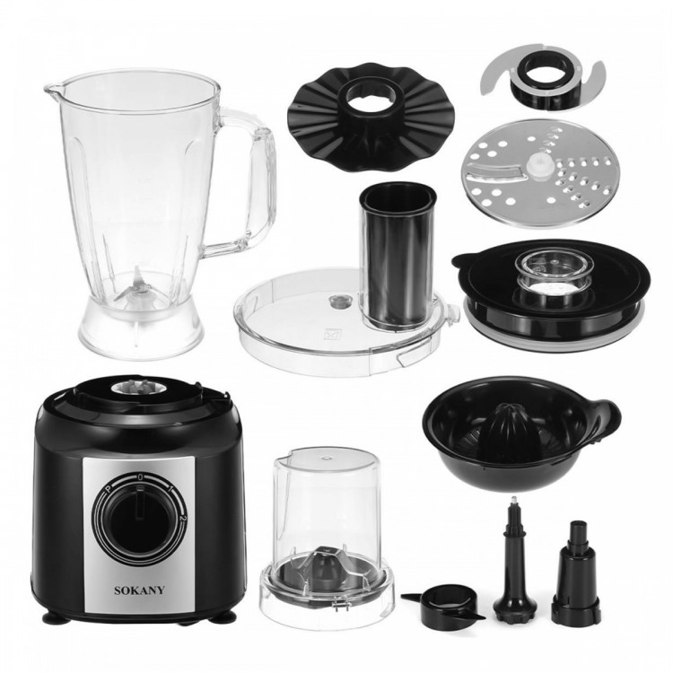 Robot de bucatarie Sokany FP-201, 13 in 1, 800W, capacitate 2L, 1.8L blender, rasnita, Negru