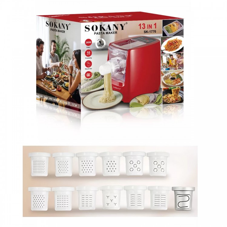 Masina automata electrica pentru paste si taietei, Sokany SK-1776, 13 forme, 260 W, Rosu