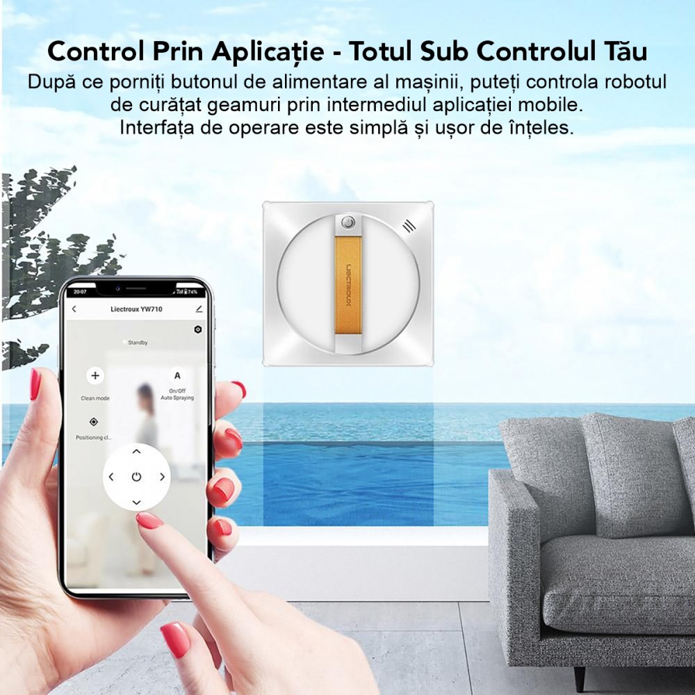Robot Curatare Geamuri Liectroux YW710(D6811), 2500Pa, baterie 650mAh, Protectie anti cadere, autonomie 30 de minute, capacitate 90ml, 215x215x63mm, Alb