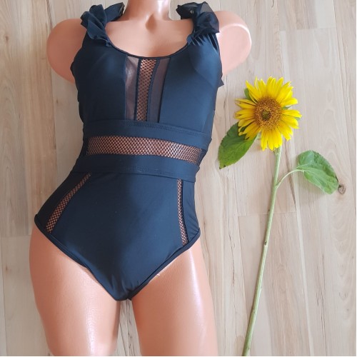 Costum de Baie  intreg negru cu volanase si insertie de plasa CBD003