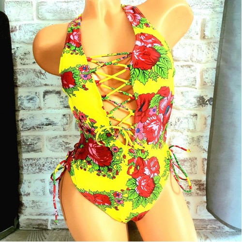 Costum de Baie intreg galben cu imprimeu floral CBD013