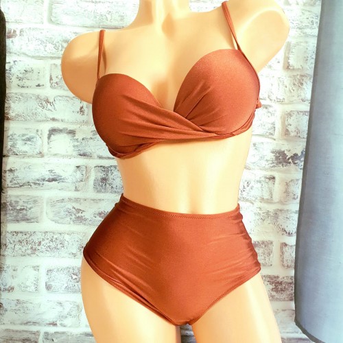 Costum de Baie maro din doua piese sutien push up slip cu talie inalta CBD014