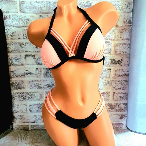 Costum de Baie corail cu negru din doua piese sutien cu push up si slip normal cu sireturi decorative CBD016