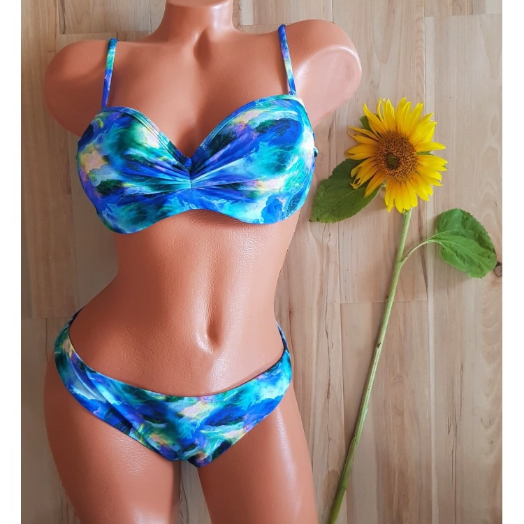 Costum de Baie  din doua piese albastru cu sutien push up bretele detasabile slip normal  CBD020