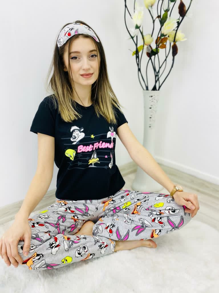 Pijamale Dama negre cu Masca de dormit Maneca Scurta si Pantaloni Lungi BEST FRIENDS PJD013