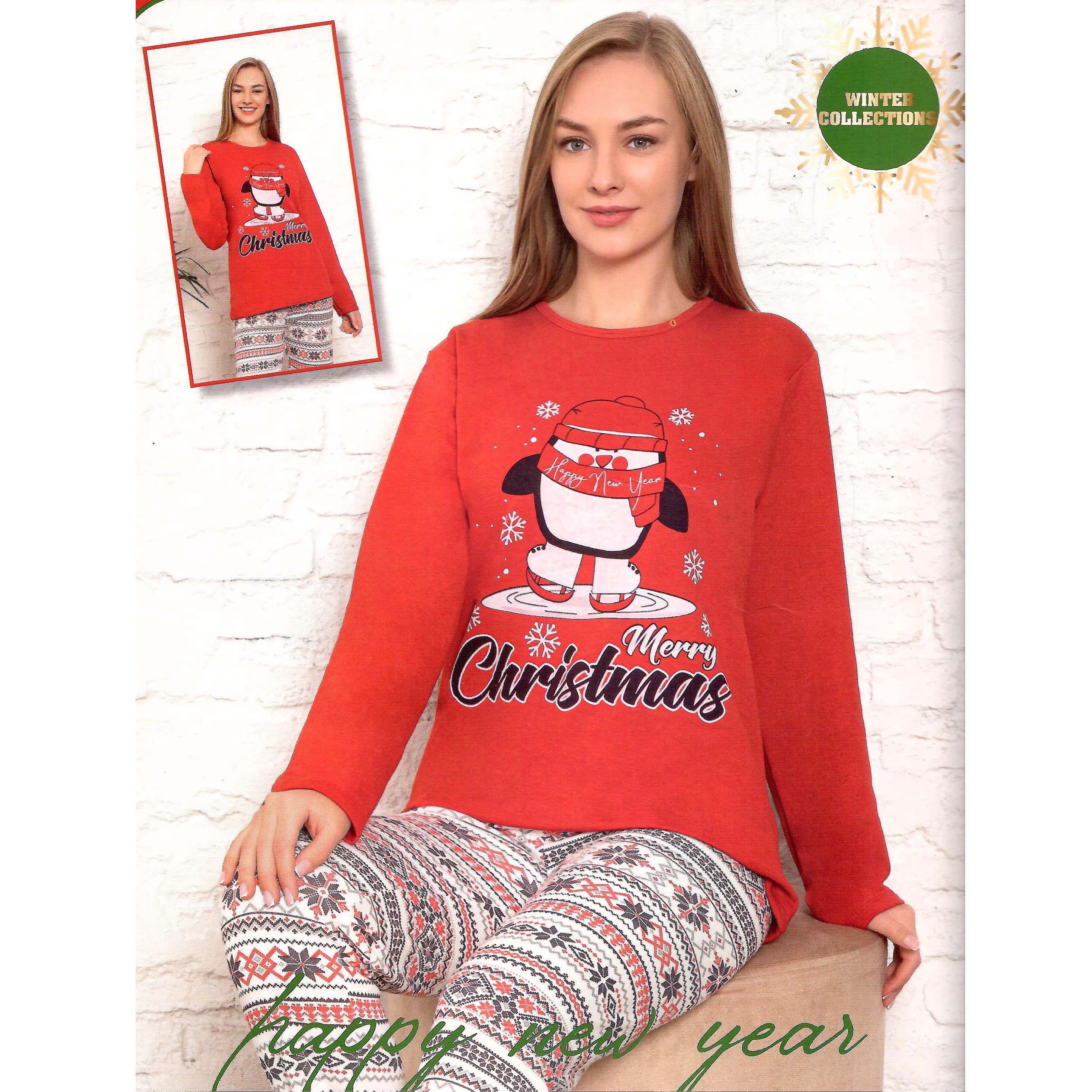 Pijamale dama din doua piese de Craciun cu bluza si pantaloni lungi cu imprimeu Pinguin PJD039 image0