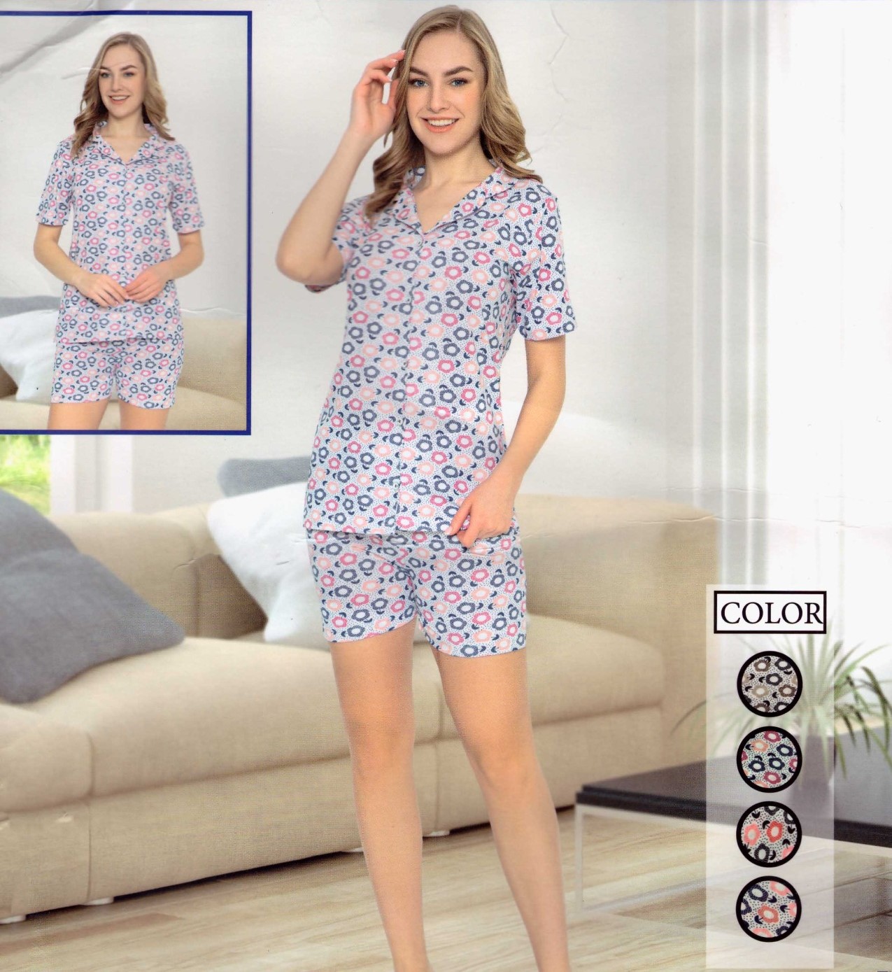 Pijamale dama cu nasturi din 2 piese cu bluza si pantaloni scurti cu imprimeu flori PJD085 image7