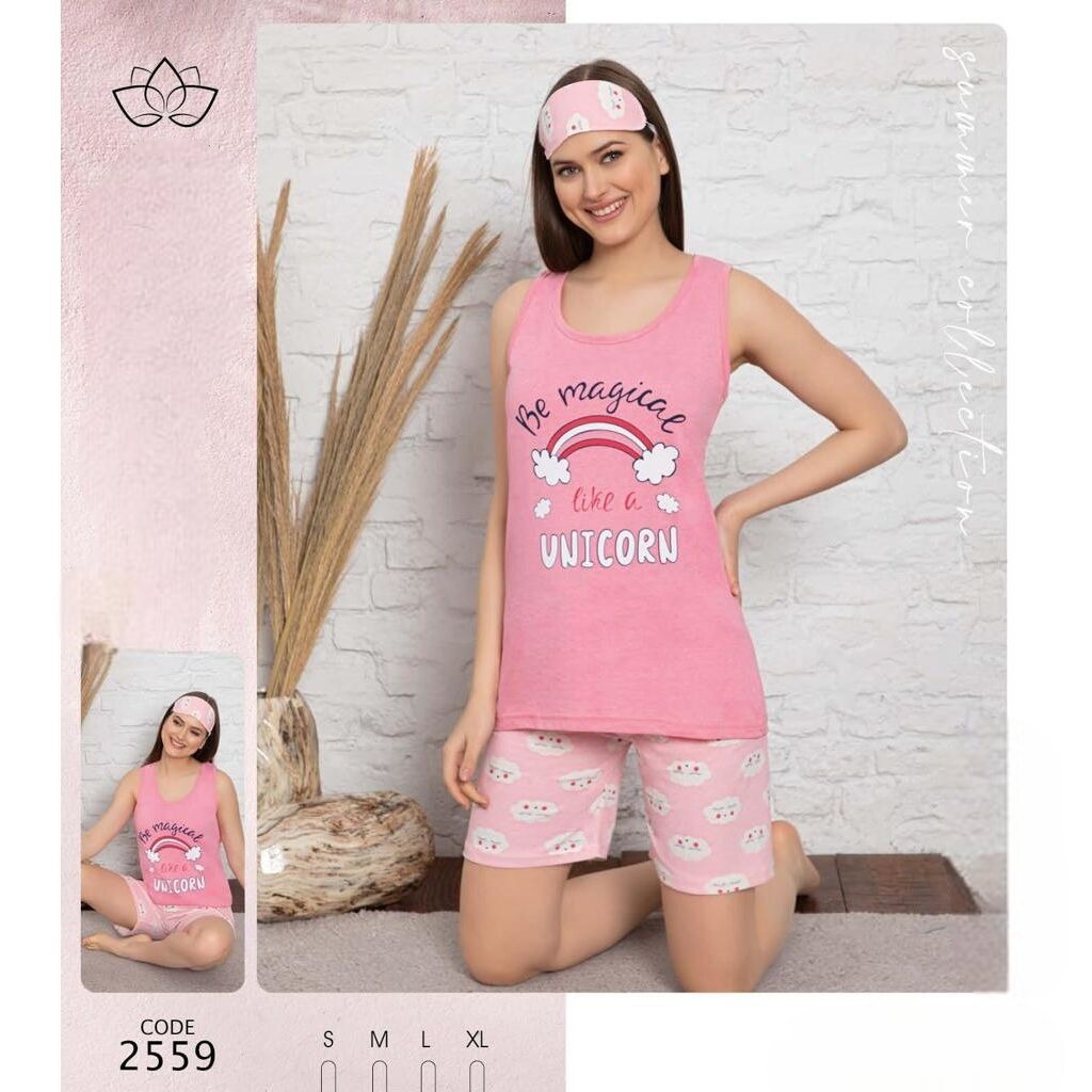 Pijama Dama roz maiou cu imprimeu curcubeu si pantaloni scurti PJD092 image0