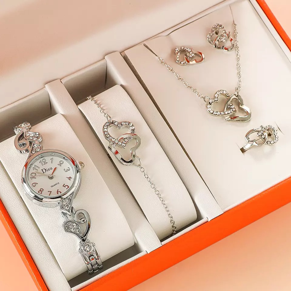 Set Ceas Dama Elegant argintiu cu inimioare si cu set bijuterii cadou: cercei + colier + bratara + inel + cutie QUARTZ CDQZ122 image