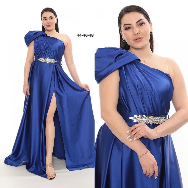 Rochie De Seara Lunga Albastra Din Satin Pe Un Umar Rcdn002