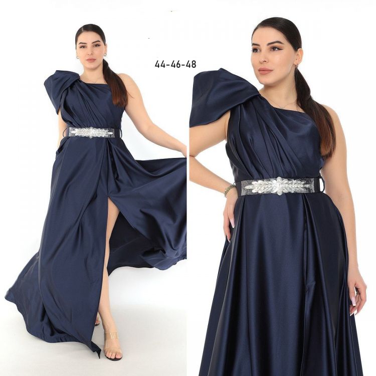 Rochie De Seara Lunga Bleumarin Din Satin Pe Un Umar Rcdn002
