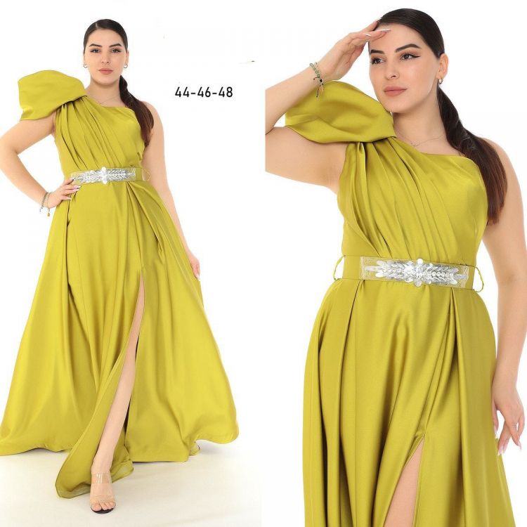 Rochie De Seara Lunga Mustar Din Satin Pe Un Umar Rcdn002