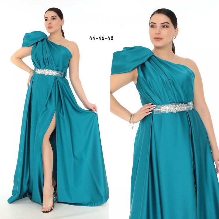 Rochie De Seara Lunga Turcoaz Din Satin Pe Un Umar Rcdn002