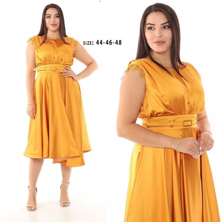 Rochie De Nasa Galbena Din Satin Midi Fara Maneci Cu Cordon In Talie Rcdn004