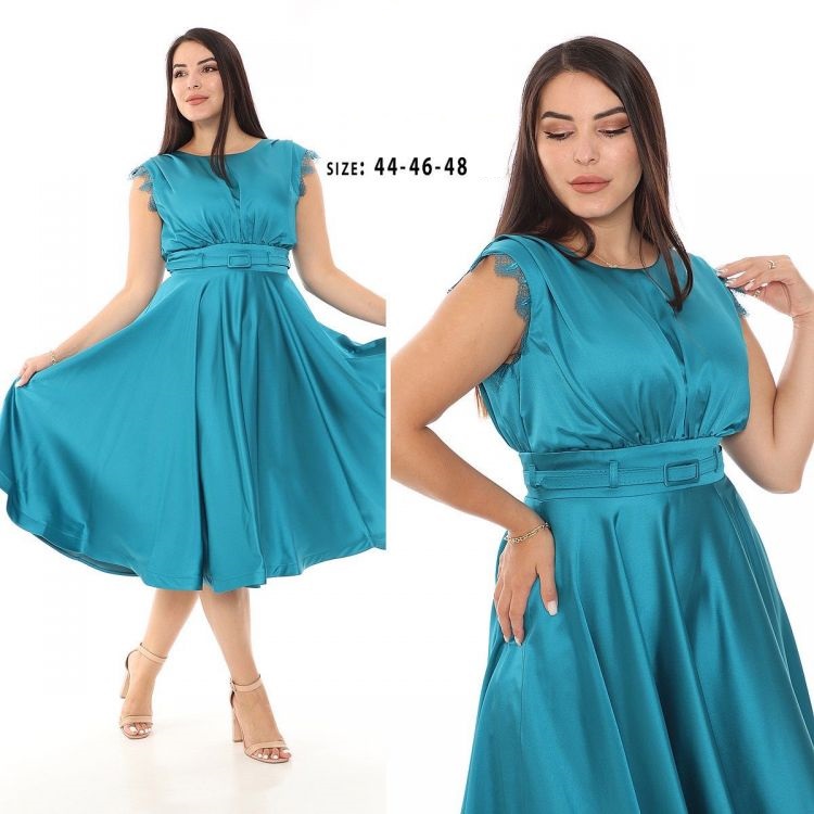 Rochie De Nasa Turcoaz Din Satin Midi Fara Maneci Cu Cordon In Talie Rcdn004