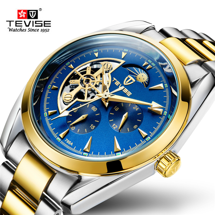 Ceas Barbatesc Business Automatic Gold Blue cu bratara metalica Tevise CBTV005 - 1 | YEO