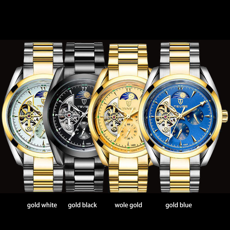 Ceas Barbatesc Business Automatic Gold Blue cu bratara metalica Tevise CBTV005 - 2 | YEO