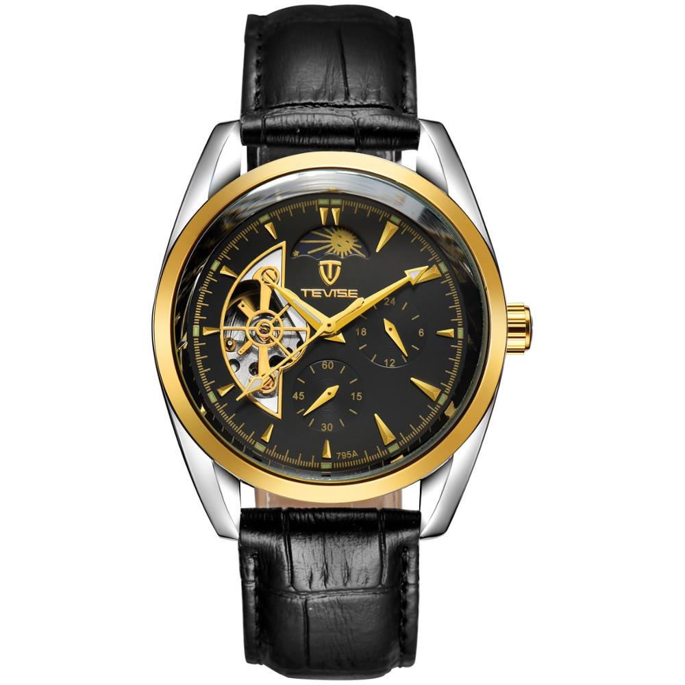 Ceas Barbatesc Luxury Business Automatic Gold cu bratara de piele Neagra Tevise CBTV006