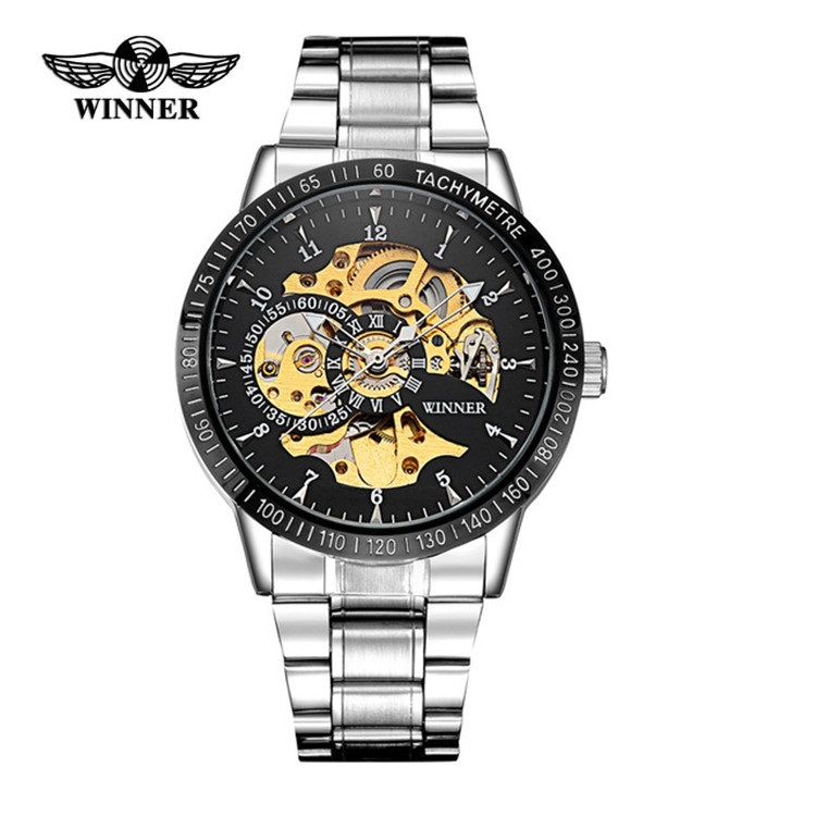 Ceas Barbati Automatic Black Gold cu bratara metalica Argintie Winner CBWN011