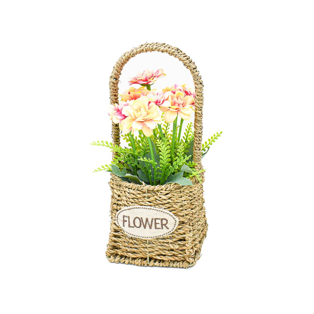 Aranjament floral in cosulet de ratan, D2855, 32x15cm, crem/roz image