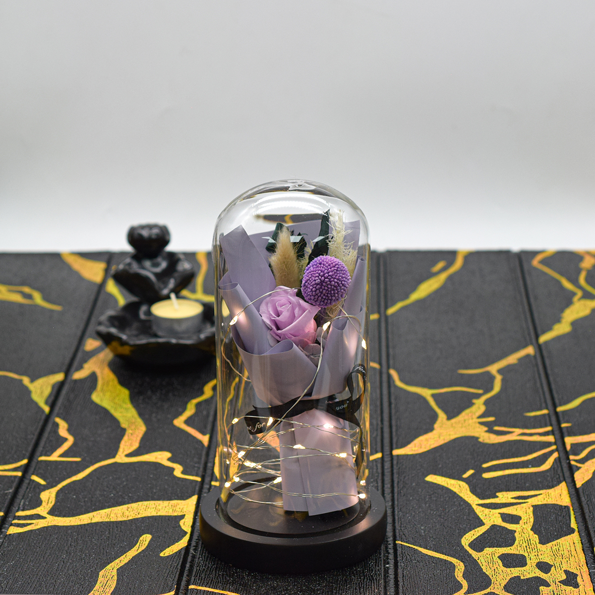 Aranjament floral in cupola de sticla, lumina Led, D4009, Mov image0