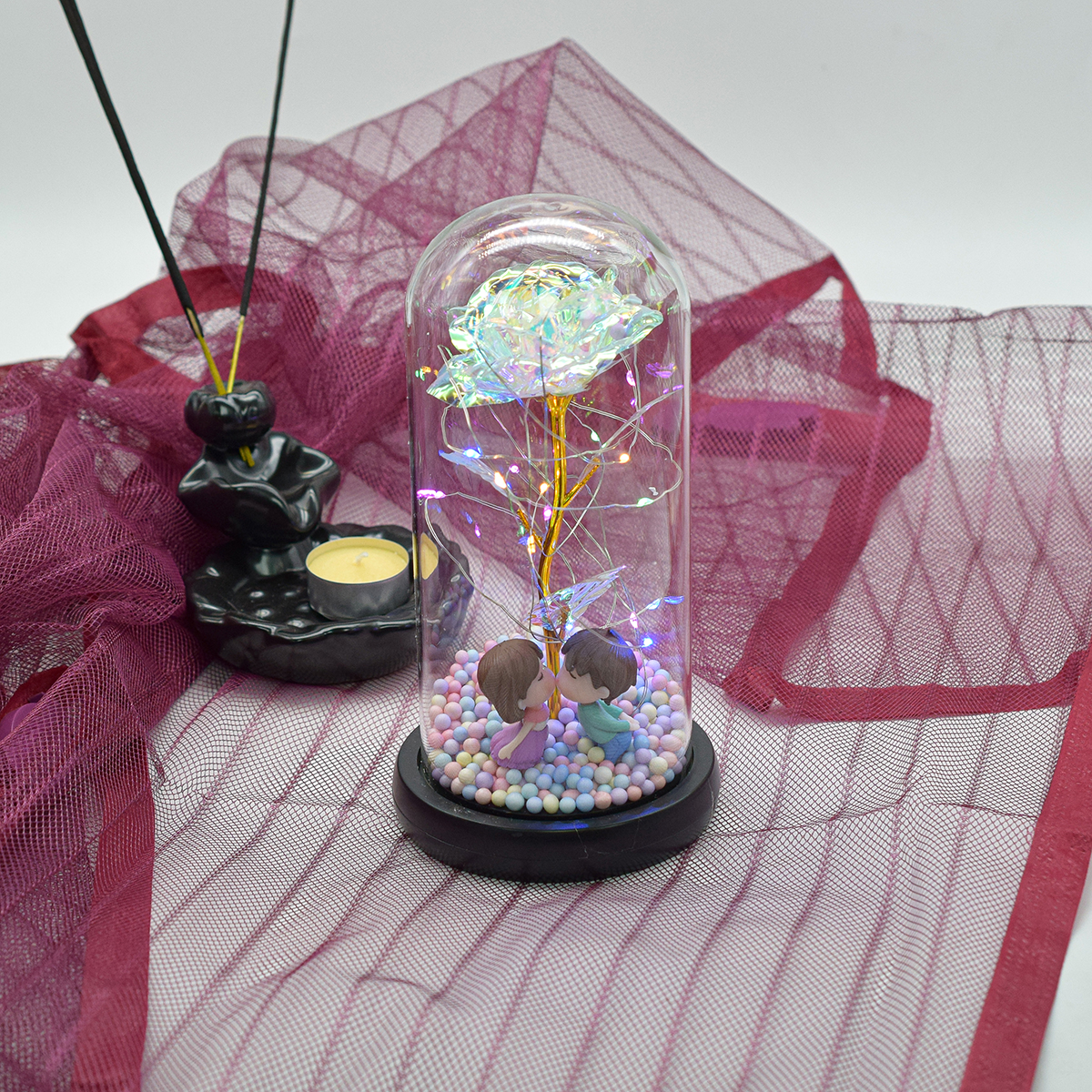 Aranjament floral in cupola de sticla, lumina Led, D4043, Roz image5