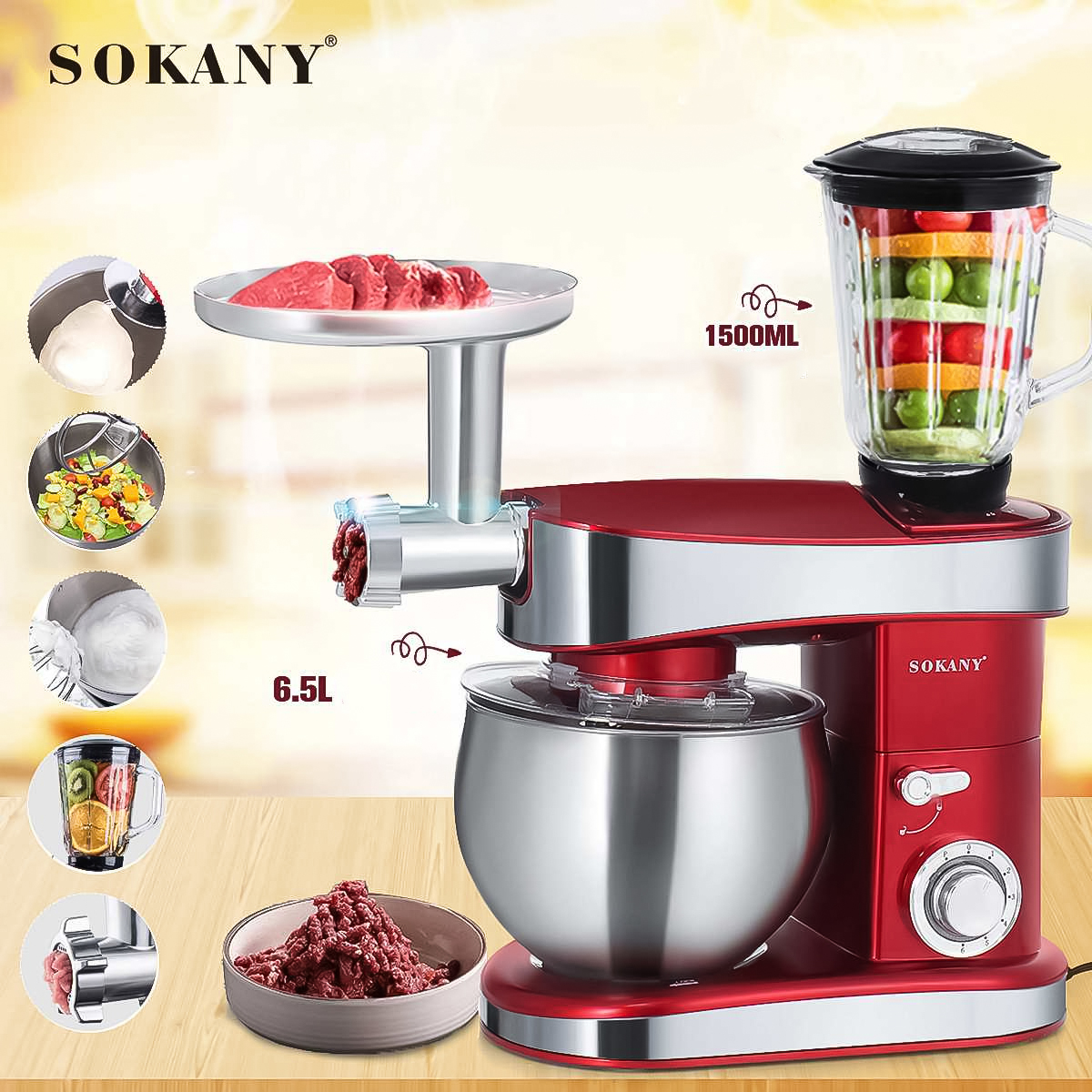 Robot de bucatarie Sokany SC-213C, 1200W, bol inox 6.5L, 1.5L blender, masina de tocat, Rosu/Inox