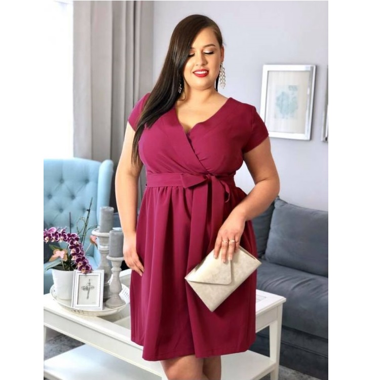 Rochie Dama Xxl Din Crep Cu Decolteu In V Grena Rcdx02