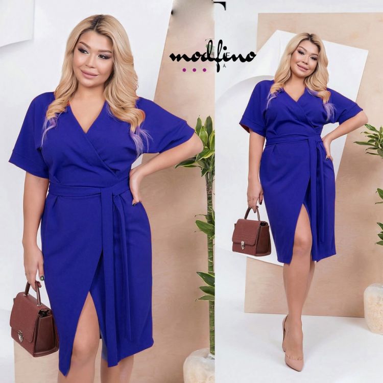 Rochie Dama Office Xxl Albastra Cu Slit Si Cordon In Talie Rcdx04