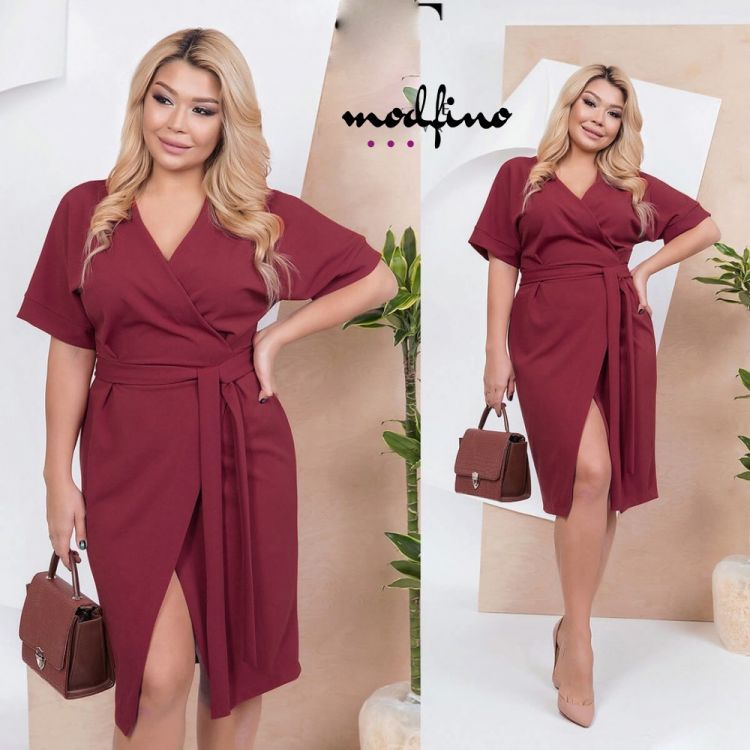 Rochie Dama Office Xxl Grena Cu Slit Si Cordon In Talie Rcdx04