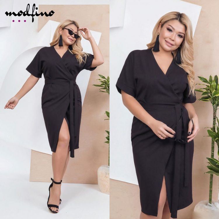 Rochie Dama Office Xxl Neagra Cu Slit Si Cordon In Talie Rcdx04