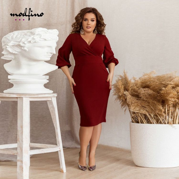 Rochie Eleganta Xxl Grena Mulata Cu Maneca Lunga Rcdx07