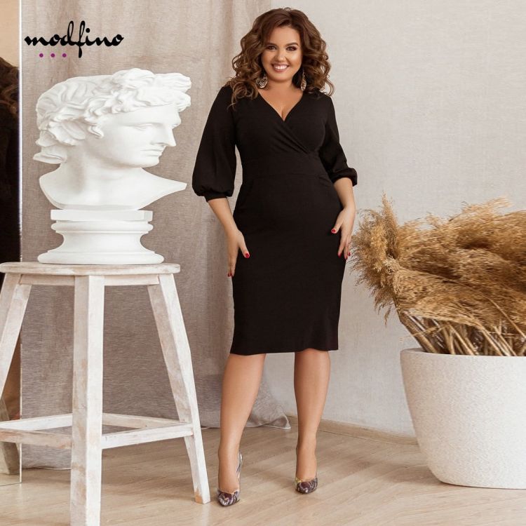 Rochie Eleganta Xxl Neagra Mulata Cu Maneca Lunga Rcdx07